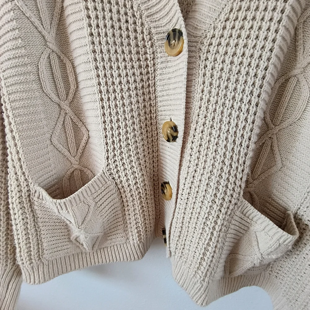 ANA A New Approach Chunky Knit Cardigan Beige Cable Button Front Cozy Oversize - Picture 3 of 10